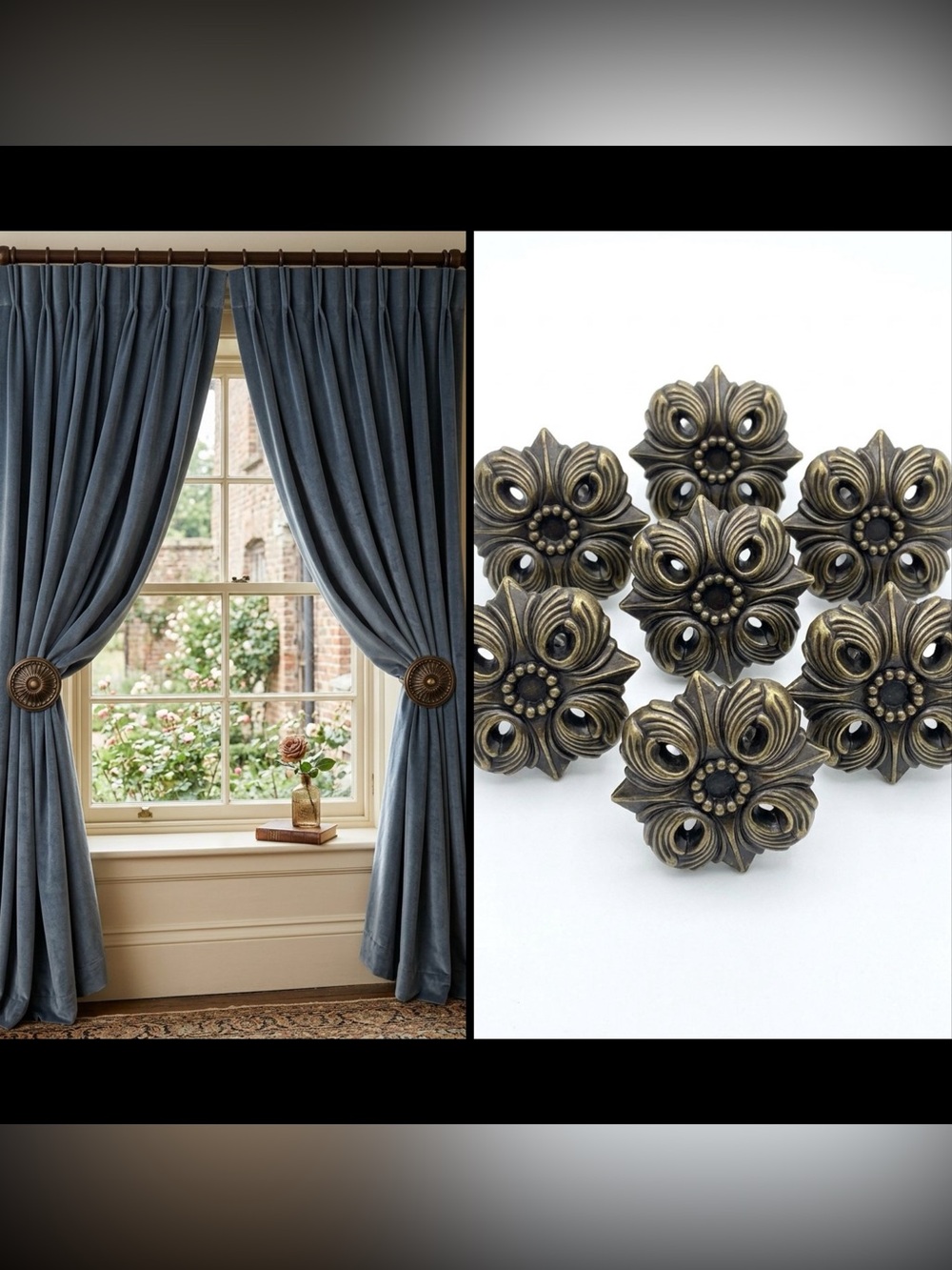 VTG Set of 7 Ornate Floral Cast Metal Drapery Rosettes Curtain Tie Backs 4.5”